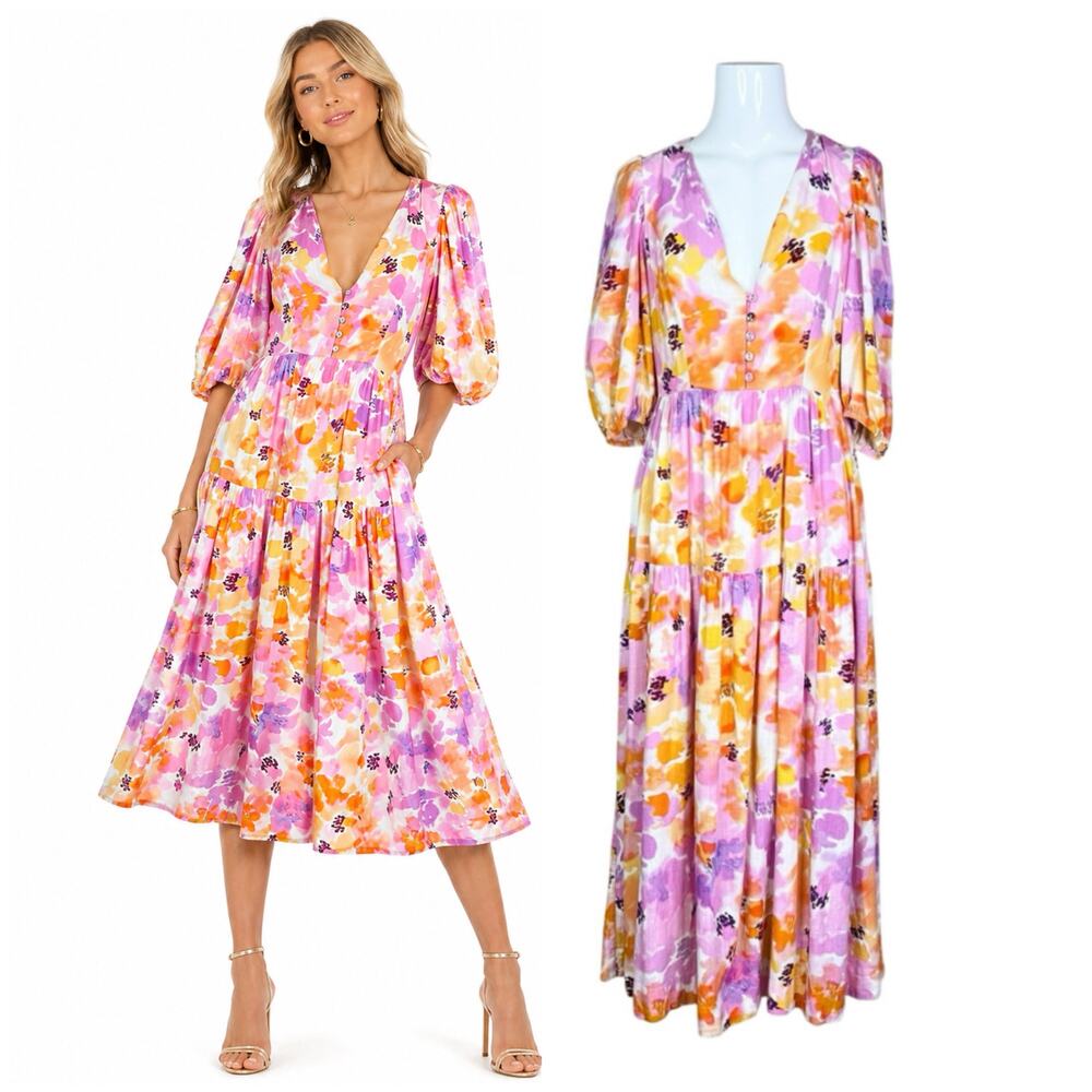 Nicholas | Linen Celie Pink Orange Floral Puff Sleeve Open Back Midi Dress US 4